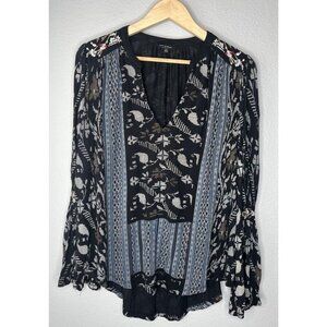 Lucky Brand Tunic LARGE Dark Floral Black Peasant Boho Embroidered Hippie